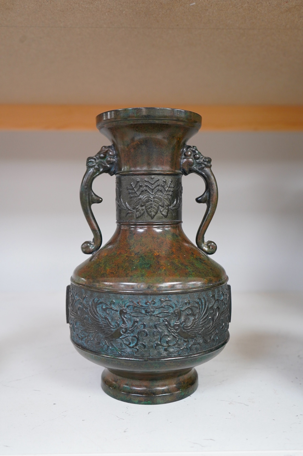 A Japanese green patinated bronze vase, 20th century, 25cm high. Condition - good